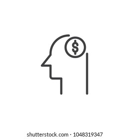 Head with dollar symbol outline icon. linear style sign for mobile concept and web design. Thoughts about money simple line vector icon. Symbol, logo illustration. Pixel perfect vector graphics