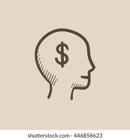 Cabecera con el símbolo de dólar icono de esbozo vectorial aislado en segundo plano. Cabeza dibujada a mano con un símbolo de dólar. Diríjase al icono de esbozo de símbolo en dólares para infografía, sitio web o aplicación.