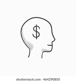 Cabecera con el símbolo de dólar icono de esbozo vectorial aislado en segundo plano. Cabeza dibujada a mano con un símbolo de dólar. Diríjase al icono de esbozo de símbolo en dólares para infografía, sitio web o aplicación.