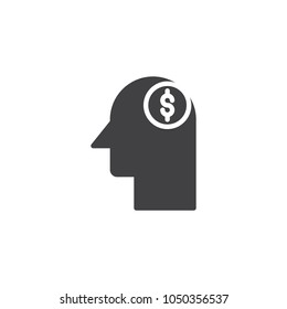 Head with dollar vector icon. filled flat sign for mobile concept and web design. Thoughts about money simple solid icon. Symbol, logo illustration. Pixel perfect vector graphics