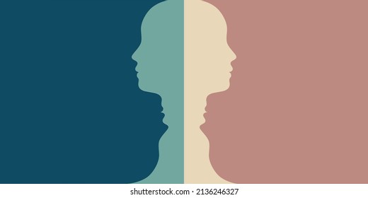 Head up and head down. Metaphor bipolar disorder mind mental. Concept mood disorder. 2 silhouette head. Double face. Split personality. Psychology. Dual personality. Mental health