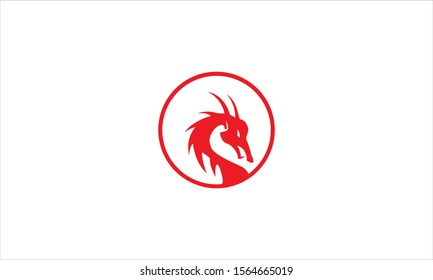 Head dragon in circle flat red colour logo template Vector illustration