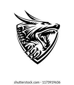 head of a dragon in the form of a shield illustration, emblem design on a light background.