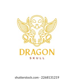 head dragon wings skull cranium ancient rose flowers line art logo design vector