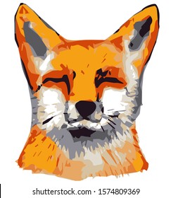 Head drawing of a fox with eyes closed. Pretty red fox. Illustration of a wild forest animal of red color. Chanterelle with closed eyes. Fox is sleeping.