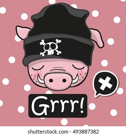 Head of Drawn Pig in hat on a pink background