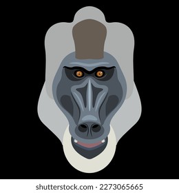 Head of a drill monkey. Mandrillus leucophaeus. Baboon face. Primate mask. Cartoon style. On black background.