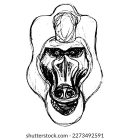 Head of a drill monkey. Mandrillus leucophaeus. Baboon face. Primate mask. Hand drawn linear doodle rough sketch. Black silhouette on white background.