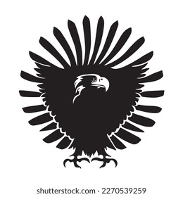 The head of an eagle among feathers and with paws stylized as a coat of arms. Good for tattoo. Editable vector monochrome image with high details isolated on white background