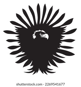 The head of an eagle among feathers stylized as a coat of arms .Good for tattoo. Editable vector monochrome image with high details isolated on white background