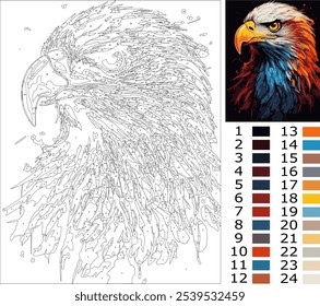 cabeça águia, colorir página por número para adulto, pintar por número