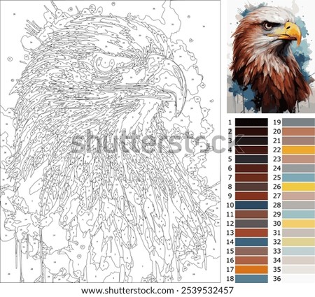 head eagle, coloring page by number for adult, paint by number
