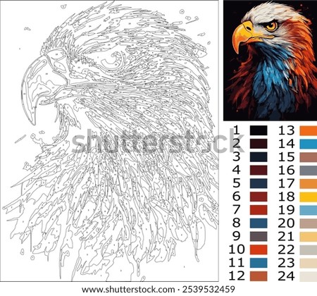 head eagle, coloring page by number for adult, paint by number