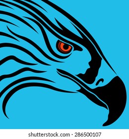 Head of eagle with massive beak and orange eye over blue background, vector artwork