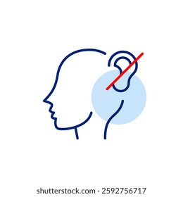 Head and ear crossed. Hearing impaired people, loss of hearing and treatment. Pixel perfect, editable stroke vector icon