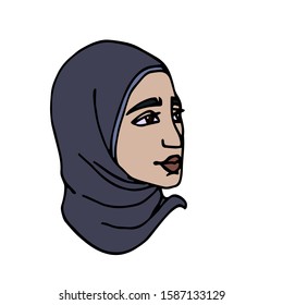 head of Eastern Muslim young cute girl in grey hijab, avatar, color vector illustration with black contour lines isolated on white background in hand drawn and cartoon style