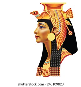 The head of the Egyptian queen with a falcon on a white background