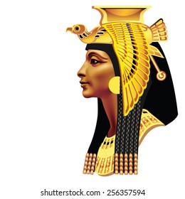 The head of the Egyptian queen with a falcon painted on a white background