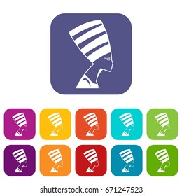 The head of the Egyptian queen icons set vector illustration in flat style In colors red, blue, green and other