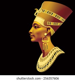 The head of the Egyptian queen painted on a black background