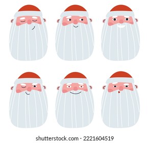 Head of an elderly man with a beard and different emotions. Set of moods for Santa Claus. Flat vector illustration, eps10