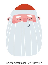 Head Elderly Man With Gray Beard In A Red Cap. Face Is Pleased, Eyes Are Closed, Mouth Is Smiling, Emotion Of A Contented Person. Santa Head Icon. Flat Vector Illustration