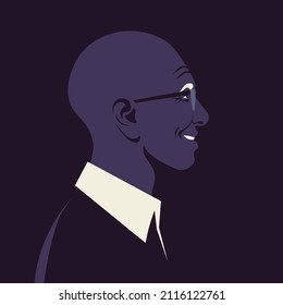 The head of an elderly smiling African man in profile. Happy grandfather's face. Avatar for social media. Alopecia. Vector flat illustration