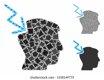 Head electric strike composition of abrupt pieces in variable sizes and color tinges, based on head electric strike icon. Vector rough elements are composed into collage.