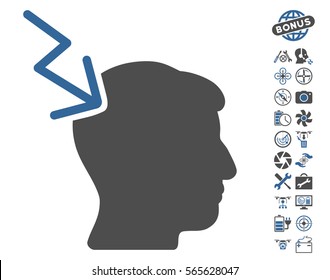 Head Electric Strike icon with bonus copter tools pictures. Vector illustration style is flat iconic cobalt and gray symbols on white background.