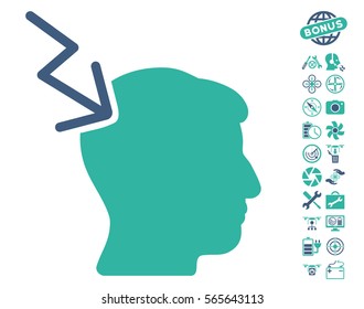 Head Electric Strike icon with bonus quad copter tools icon set. Vector illustration style is flat iconic cobalt and cyan symbols on white background.