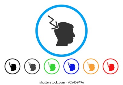 Head Electric Strike vector rounded icon. Image style is a flat gray icon symbol inside a blue circle. Additional color variants are grey, black, blue, green, red, orange.