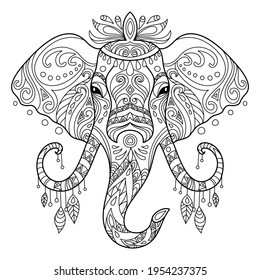 Head of elephant . Abstract vector contour illustration isolated on white background. For adult anti stress coloring book page with doodle and zentangle elements, design, print, decor, tattoo, t-shirt svg