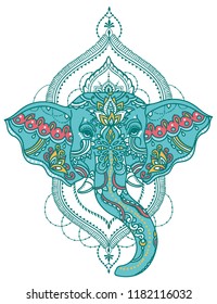 Head of elephant with beautiful orient style frame, can be used for tattoo or coloring book, vector illustration