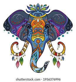 Cabeza de elefante con doodle y elementos de zentángulo. Ilustración de color vectorial abstracta aislada en fondo blanco. Diseño, impresión, decoración, tatuaje, camiseta, rompecabezas, póster, porcelana y pegamento