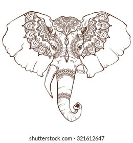 Head of elephant with elegant ethnic pattern. Hand drawing style. Vector illustration.