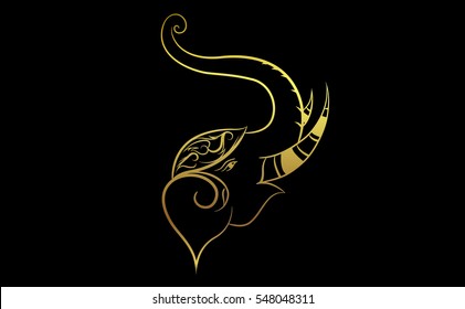 Head elephant with golden border elements in thailand style. illustration isolated on black background