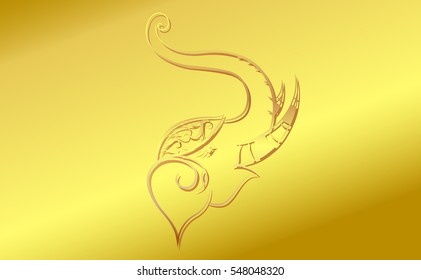 Head elephant with golden border elements in thailand style. illustration isolated on golden background