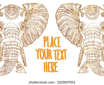The head of an elephant. Meditation, coloring of the mandala. Large horns and long trunk. Elephant with tusks.  Background for text