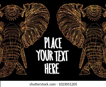 The head of an elephant. Meditation, coloring of the mandala. Large horns and long trunk. Elephant with tusks.  Background for text