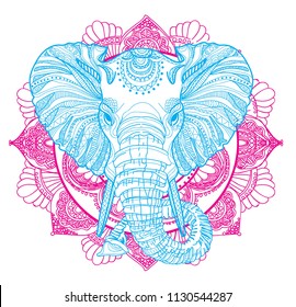 The head of an elephant. Meditation, coloring of the mandala. Large horns and long trunk. Elephants with tusks. Drawing manually, templates. Strips, points, arrows. Spots of watercolor paint, spray. 