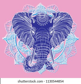 The head of an elephant. Meditation, coloring of the mandala. Large horns and long trunk. Elephants with tusks. Drawing manually, templates. Strips, points, arrows. Spots of watercolor paint, spray. 