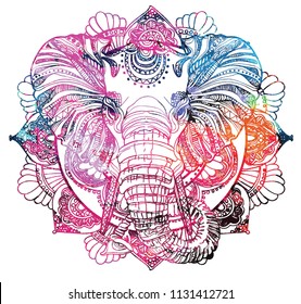 The head of an elephant. Meditation, coloring of the mandala. Large horns and long trunk. Elephants with tusks. Drawing manually, templates. Strips, points, arrows. Spots of watercolor paint, spray. 