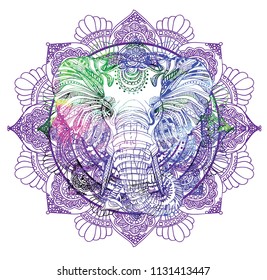 The head of an elephant. Meditation, coloring of the mandala. Large horns and long trunk. Elephants with tusks. Drawing manually, templates. Strips, points, arrows. Spots of watercolor paint, spray. 