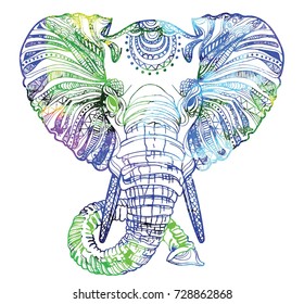 The head of an elephant. Meditation, coloring of the mandala. Large horns and long trunk. Elephant with tusks. Drawing manually, templates. Strips, points, arrows. Spots of watercolor paint, spray. 