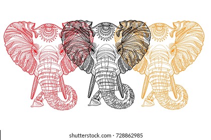 The head of an elephant. Meditation, coloring of the mandala. Large horns and long trunk. Elephants with tusks. Drawing manually, templates. Strips, points, arrows. Spots of watercolor paint, spray. 