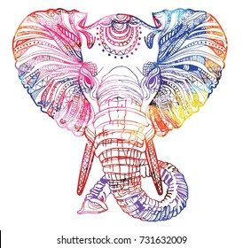 The head of an elephant. Meditation, coloring of the mandala. Large horns and long trunk. Elephants with tusks. Drawing manually, templates. Strips, points, arrows. Spots of watercolor paint, spray. 