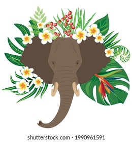 Cabeza Elefante sobre hojas tropicales y flores. Ilustración vectorial en blanco.