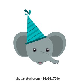 head of elephant with party hat on white background