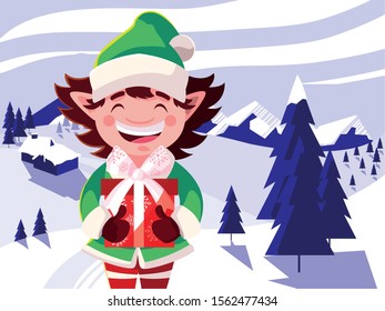 head of elf with hat on winter landscape vector illustration design