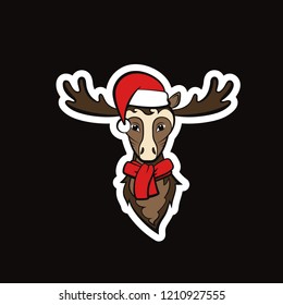 Head of a elk. Drawing on a black background. Vector illustration sticker. Christmas animals.